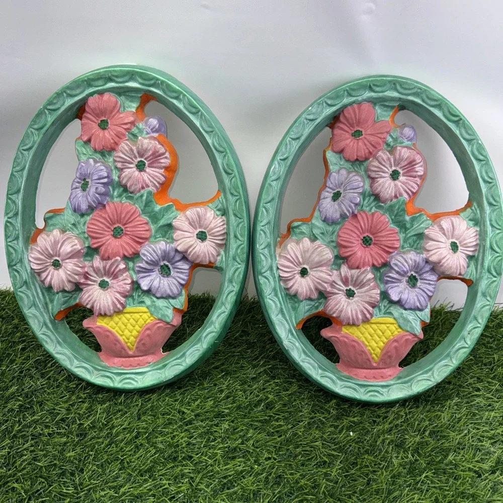 Vintage Floral Wall Plaques Set of 2 Chalkware Syroco Style Pastel Flowers Chips
